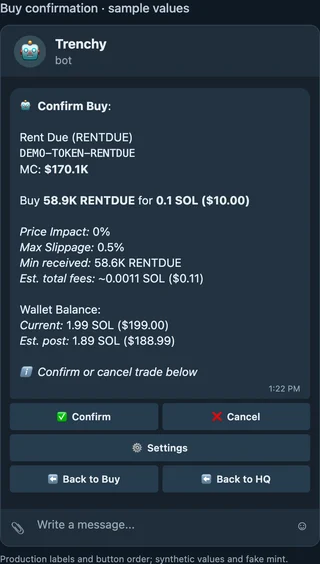 Illustrative buy confirmation with market cap, maximum slippage, minimum tokens received, estimated total fees, sample balances, and confirmation controls.