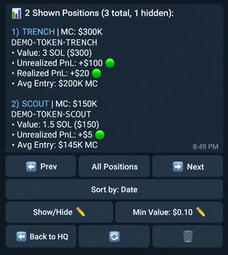 Illustrative position list with two shown tokens, positive sample PnL, sorting, visibility, and minimum-value controls.