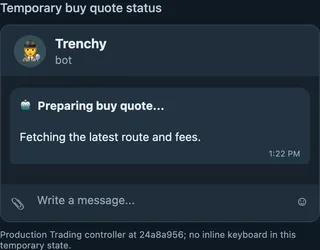 Preparing buy quote progress message with no inline keyboard; final confirmation and error messages retain their controls.