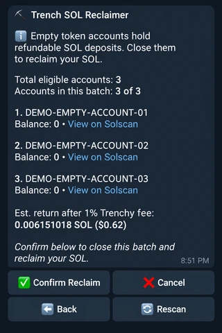 Illustrative SOL reclaim preview with three fake empty-account addresses, estimated return, confirmation, cancellation, back, and rescan controls.