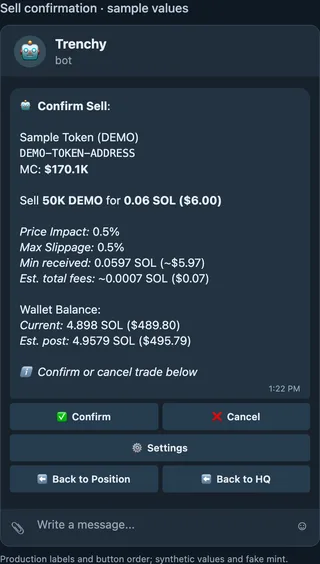 Illustrative sell confirmation with market cap, maximum slippage, minimum SOL received, estimated total fees, sample balances, and confirmation controls.