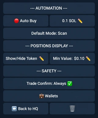Telegram automation and display settings with Auto Buy off, Scan mode, position filters, and confirmations enabled.