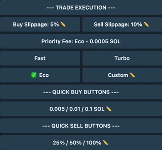 Telegram settings for separate buy and sell slippage, priority-fee modes, and quick trade presets.