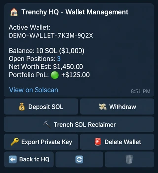 Illustrative wallet management panel with a fake active address and sample balances, plus deposit, withdrawal, reclaim, export, and delete controls.