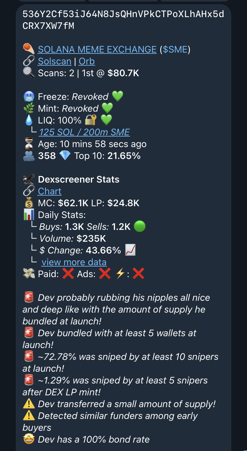 Full example Trench Report showing market data, liquidity, holders, launch activity, and warnings.